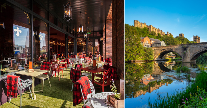 outdoor seating area at Cosy Club and view of Durham City